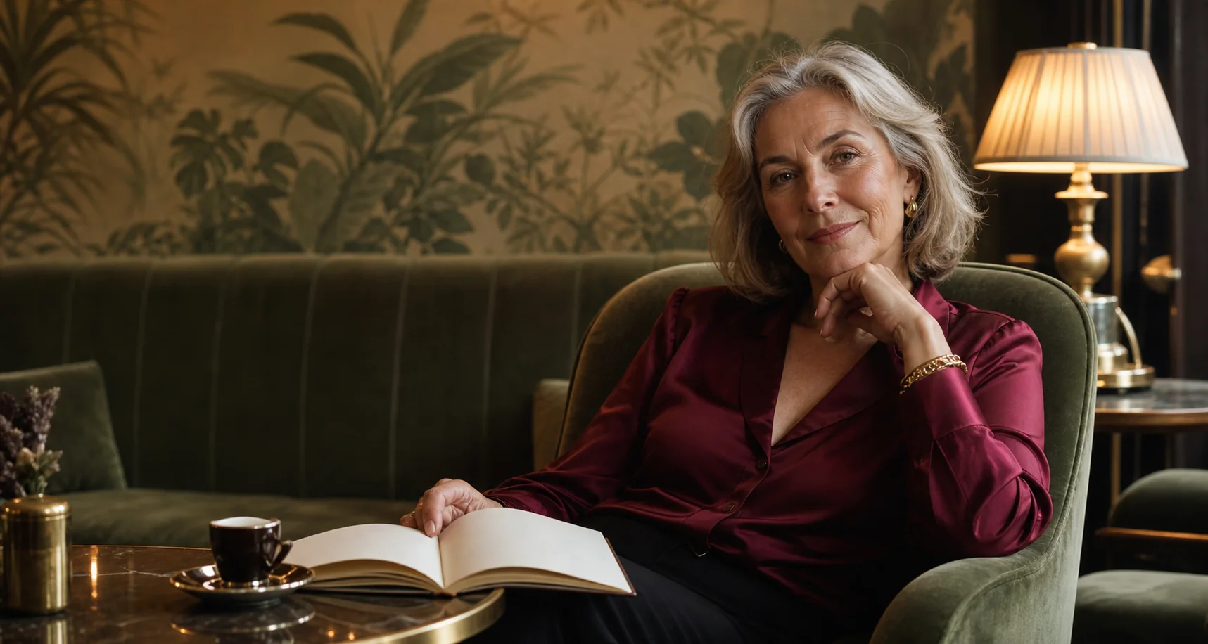 Confident mature woman in a wine-red blouse sitting with coffee and a notebook in an elegant hotel lounge